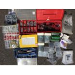Miscellaneous workshop materials including boxes of screws, nails, rivets, nuts & bolts, O-rings,