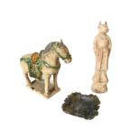 A Chinese sancai glazed stoneware tang horse; a carved jade/soapstone square leaf dish; and a