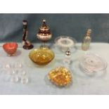 Miscellaneous glass including cakestands, carnival glass bowls, a Murano dolphin tablelamp, a