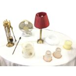 Miscellaneous items including glass light shades, a set of brass fire irons on stand, an electric