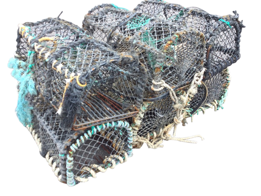 Six lobster pots with arched frames, each having 3/4 crestation apertures, on grid bases - A/F. (6)