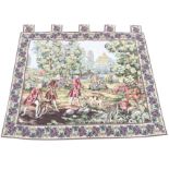 A Brussels tapestry wall hanging sewn with a bucolic woodland hunting scene beneath a castle, with