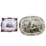 A nineteenth century Sunderland lustre plaque moulded with scrolled scalloped frame pierced for