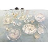 Miscellaneous glass including tankards, jugs, a heavy crystal glass bowl, a cruet set with silver