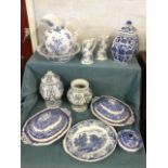 Miscellaneous blue & white ceramics including a jug & basin, a pair of Masons tureens & covers,