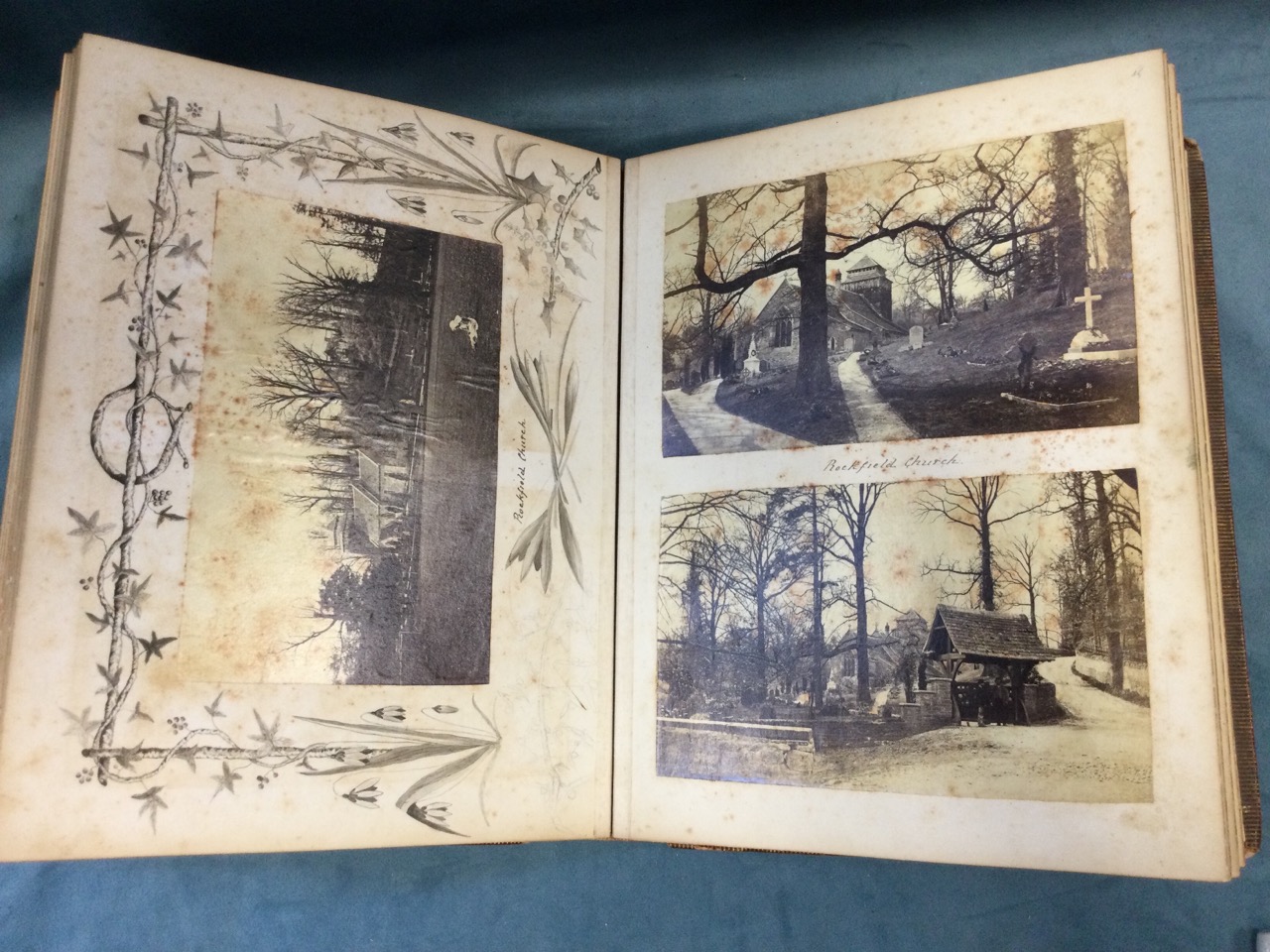 A leather bound Edwardian album of monochrome photographs and prints, many with floral watercolour - Image 3 of 3