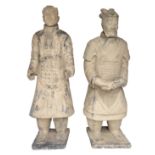 Two lifesize Chinese terracotta army type figures, the moustachioed gentlemen with loose heads