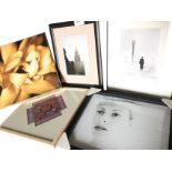 Three contemporary framed photographs, one signed & dated 88; a coloured box canvas floral print;