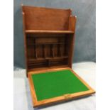 A 50s desk-top portable mahogany bureau with stationary compartment and shelf above a locking drop-