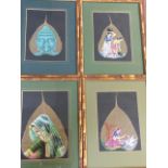 A set of four eastern palm leaf paintings, laid down and mounted, in faux bamboo frames. (6.5in x
