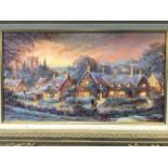 Gordon Lees, oil on canvas, moonlit evening village scene with couple outside timbered inn, signed &