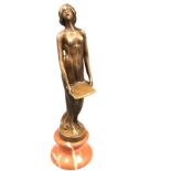 Bronze, art nouveau style lady in flowing dress holding platter, mounted on rouge marble socle -