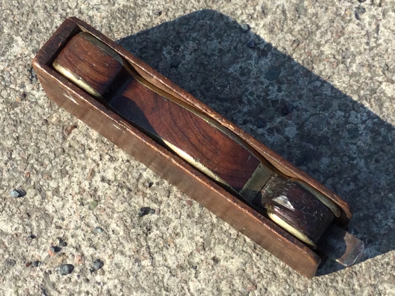 A Victorian mahogany cased brass plane by Sorby of Sheffield, the shaped tool with steel blade in - Image 2 of 3