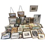 A box of miscellaneous pictures, prints, frames, etc., including floral watercolours, landscapes,