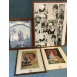 Two prints from old American films - one framed; a framed print titled Golf Club; and a framed