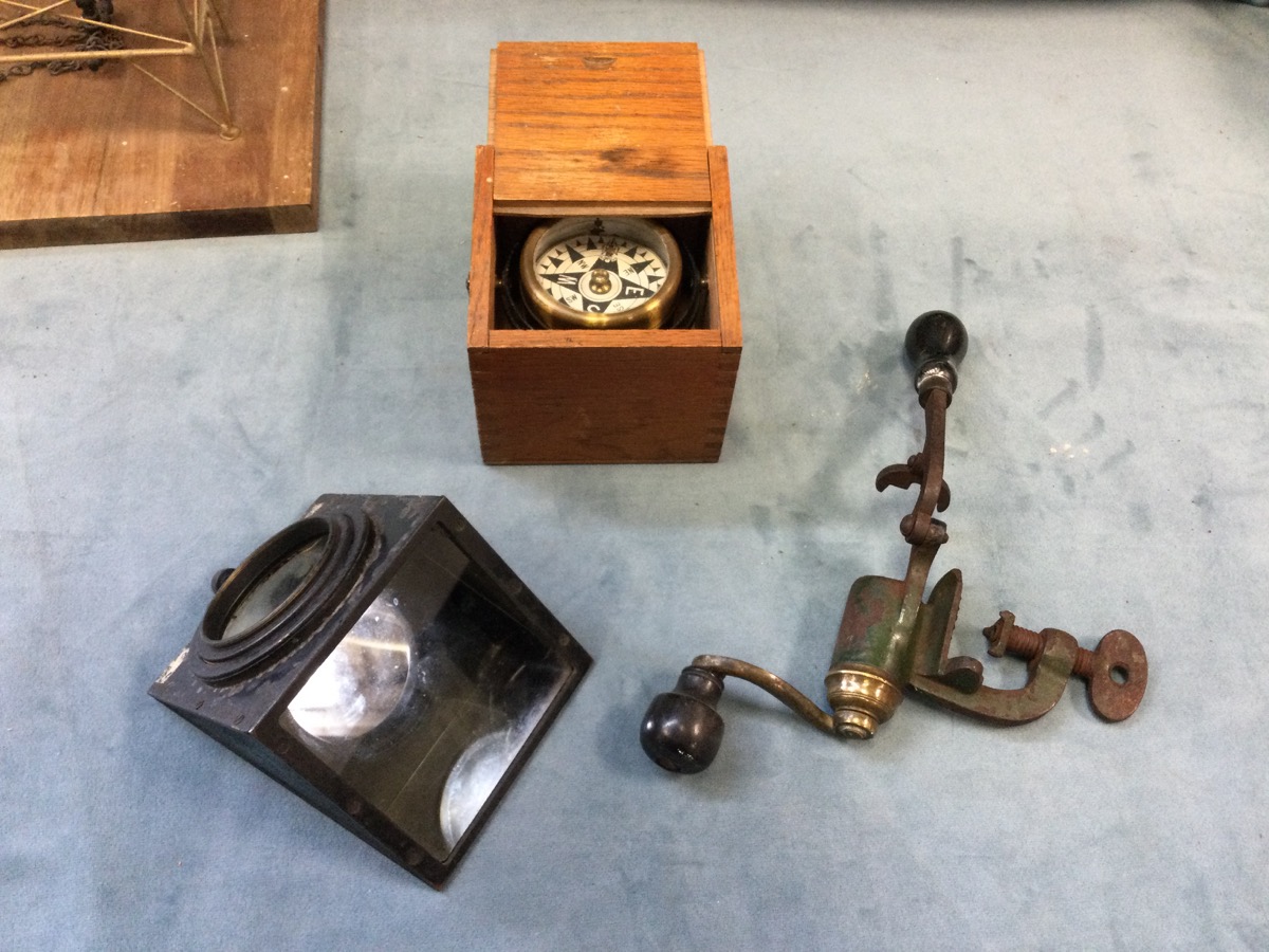 An oak cased gimbal mounted brass compass; a brass & iron cartridge loader with vice support; a - Image 2 of 3