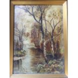 Late nineteenth century English school, oil on canvas, river landscape with trees, unsigned & gilt