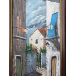 Oil on canvas, European streetscene with distant sailing boats, signed with initial, framed. (12.5in