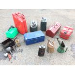 Miscellaneous petrol cans - some vintage, oil cans & funnels, tin boxes, a jerry can, tool boxes,