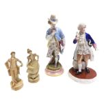 A European porcelain figurine of a dandy, the moustachioed gentleman with cocked hat holding a