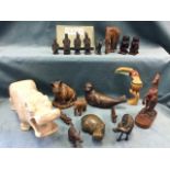 Miscellaneous carved and moulded animals including a stone hippopotamus, elephants, boxed Chinese
