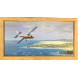 Ron Gale, oil on board, Hebridean coastal view with plane, titled to verso Gusty Approach to