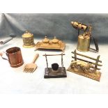 Miscellaneous brass & copper including an embossed tobacco jar with lead tamper, a blowlamp, a