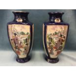 A pair of square Japanese Satsuma vases, decorated with alternating enamelled figural and