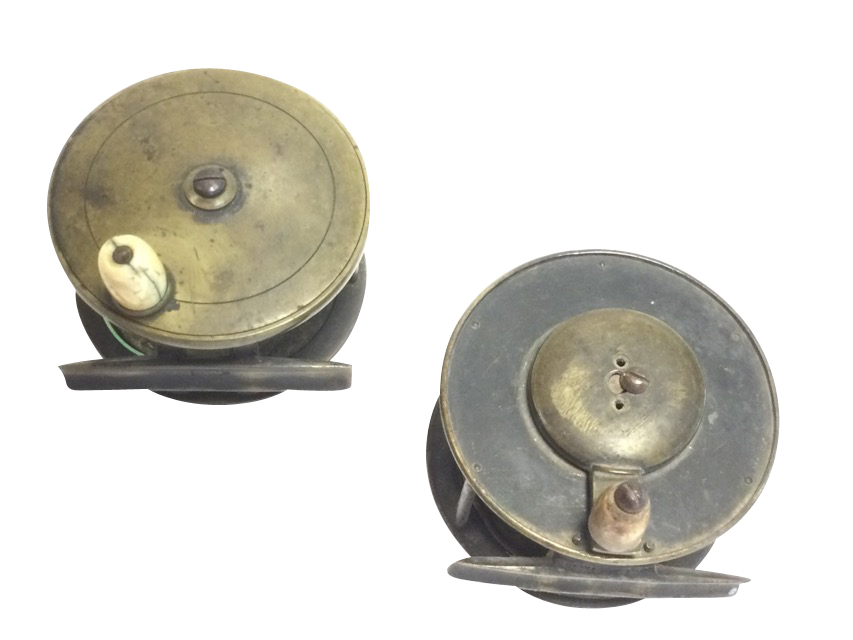 A Victorian 3.75in brass salmon reel by Farlow with ivory handle - fish registration mark to rod