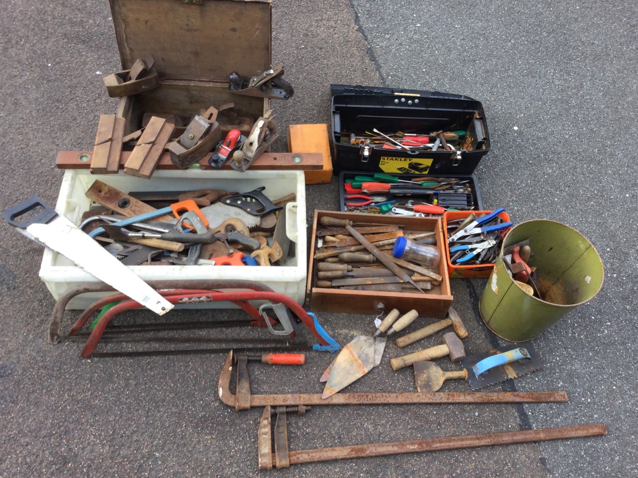 Miscellaneous hand tools including files, pliers, cutters, hammers, screwdrivers, wire brushes,