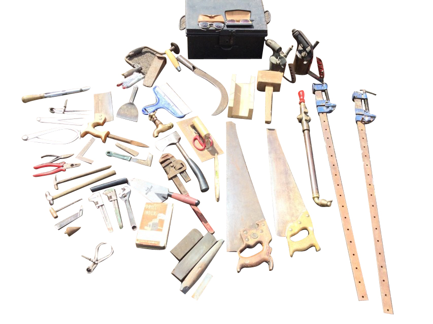Miscellaneous tools - saws, chisels, callipers, sharpening stones, a pair of sash clamps,