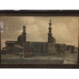 A large oak framed photograph of an eastern mosque with camel in foreground. (42in x 28in ext)