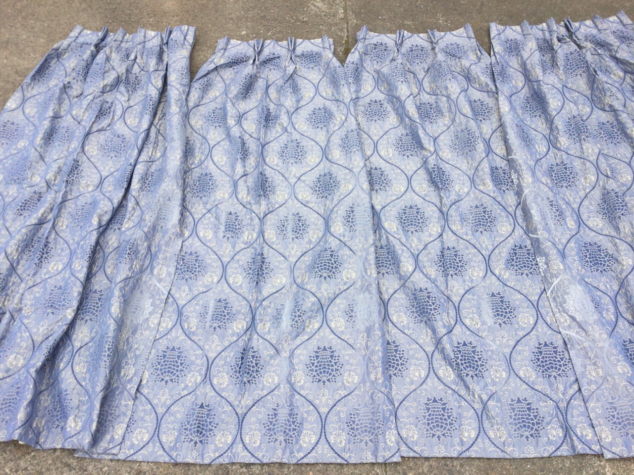 Two pairs of lined brocade curtains gathered with box pleats, having scrolled floral gilt thread - Image 4 of 4