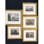 A set of nineteenth century steel engravings of Warkworth Castle, the plates mounted & gilt