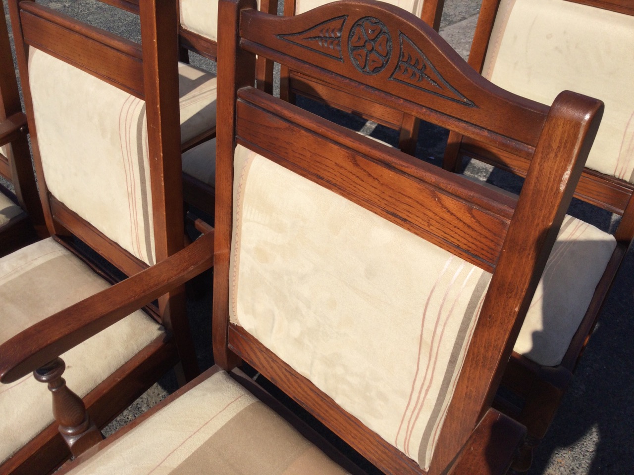 A set of six oak dining chairs with two carvers, the arched backs carved with floral medallions, - Image 3 of 3