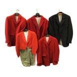 Three huntsmans scarlet hunting jackets with tartan linings; a huntsmans dress tail coat; and a