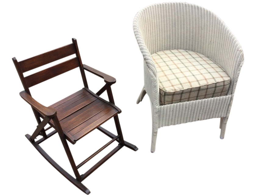 A childs rocking chair with slatted seat - formerly folding; and a Lloyd Loom armchair with