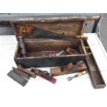 A canvas covered wood toolbox with internal tray and a quantity of tools - saws, planes,