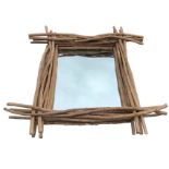 A contemporary rustic mirror, the square plate framed by interwoven cut sticks. (40in x 40in)