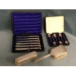 Two hallmarked silver brushes with engine turned decoration - Birmingham; a set of six tea knives