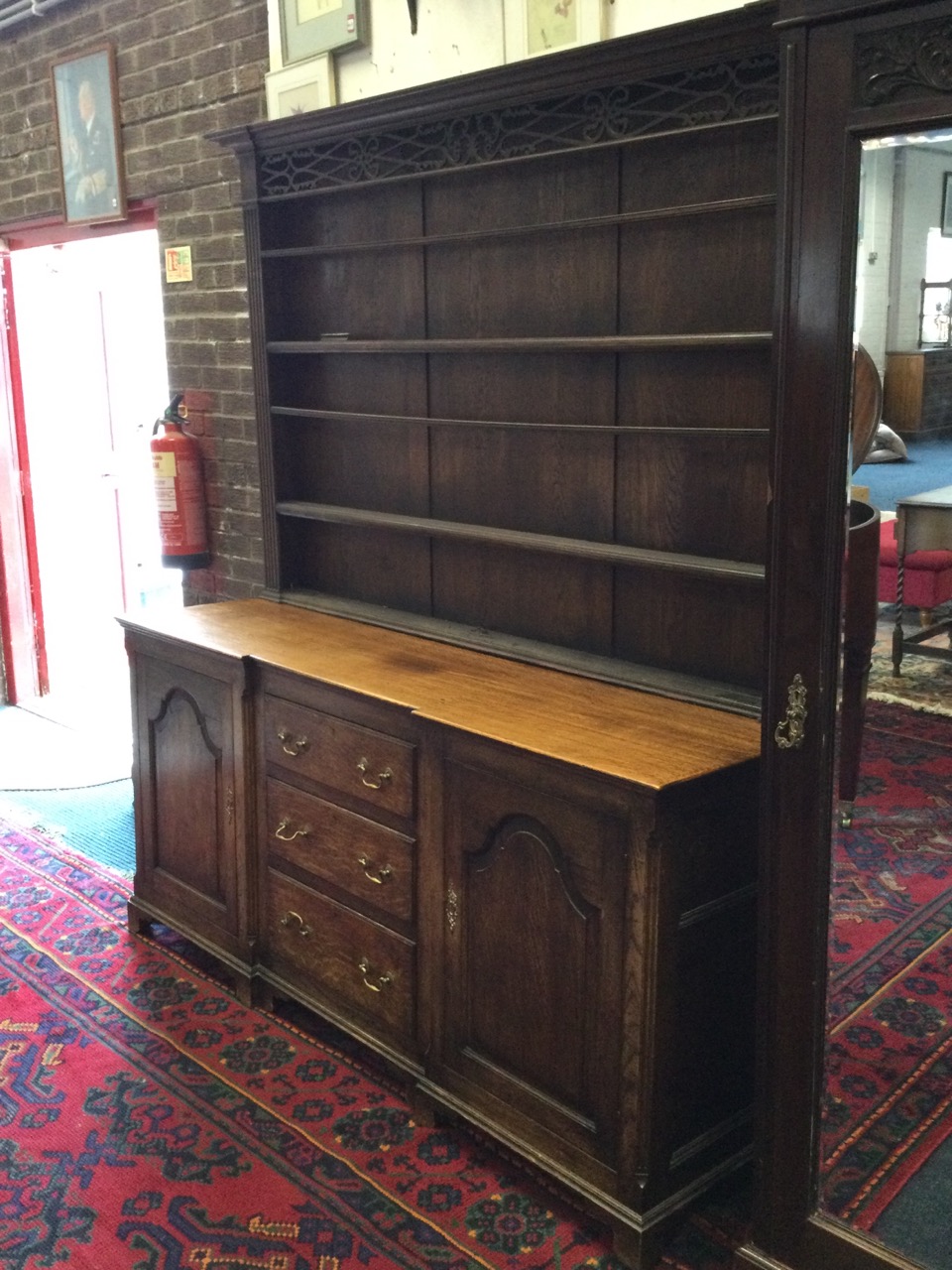 A nineteenth century 6ft breakfront oak dresser, the delft rack with moulded cornice above a pierced - Image 2 of 3