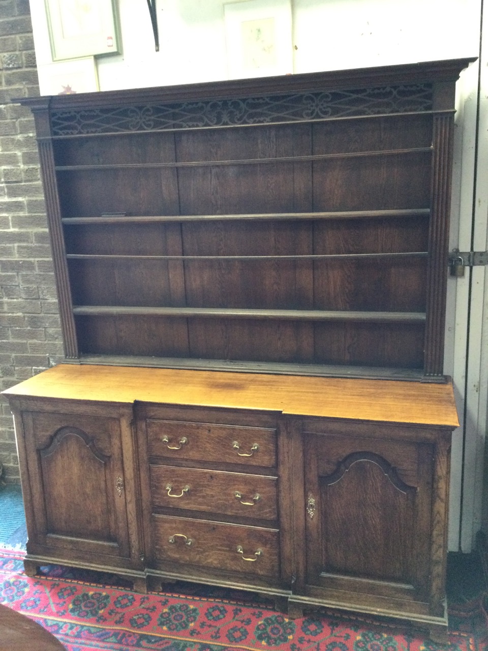 A nineteenth century 6ft breakfront oak dresser, the delft rack with moulded cornice above a pierced - Image 3 of 3