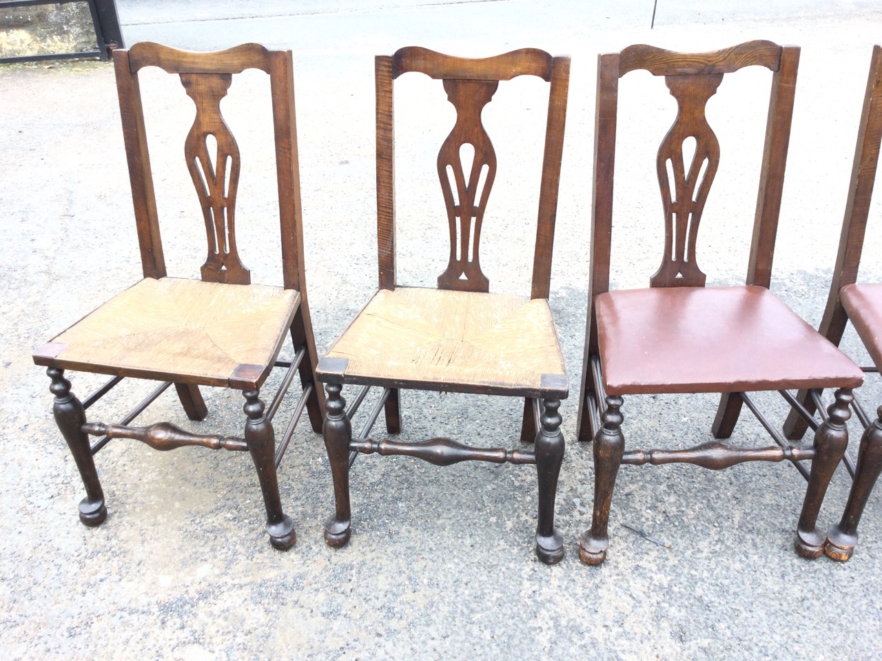 A set of six oak Queen Anne style dining chairs with shaped backs above pierced splats, having - Image 3 of 3