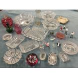 Miscellaneous glass including a silver mounted green scent bottle & stopper, bowls & dishes,