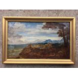 Nineteenth century oil on canvas, coastal landscape, indecipherable inscriptions in pencil on