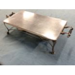 A rectangular Edwardian silver plated sideboard food warmer with rectangular plate above twin