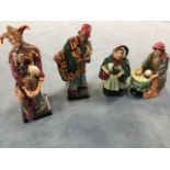 Four Royal Doulton character figures - Jester (HN2016), Carpet Seller (HN1464), Fortune Teller (