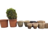 Ten miscellaneous garden plant pots - two stoneware pairs, three hexagonal, a plastic pair - one