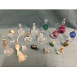 A collection of scent bottles & stoppers, some with atomisers, art glass, cut, cranberry, one with