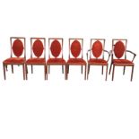 A set of six Nathan mahogany dining chairs with oval upholstered backs in rectangular frames, having